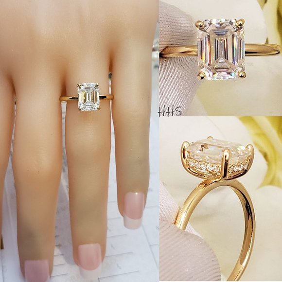 14K Yellow Gold 3 Carats Emerald Cut Moissanite Engagement Ring - Picture 5 of 14